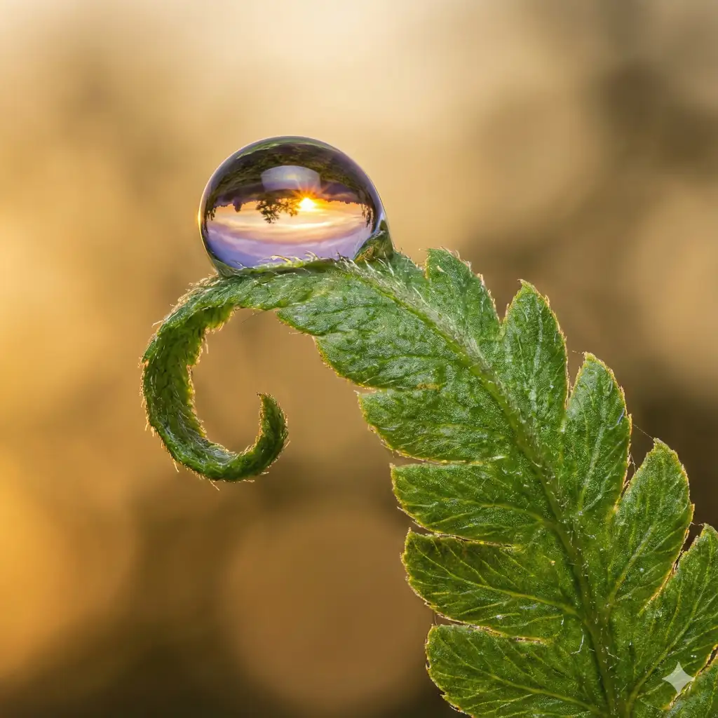 Create a stunning macro close-up of a single morning dew drop resting on the tip of a vibrant green fern leaf, capturing the reflection of a sunrise inside the water droplet, with a creamy bokeh background, high definition texture, and natural lighting, use aspect ratio 1:1.