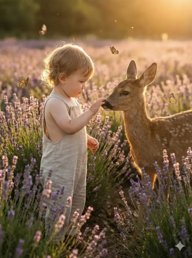Create a heartwarming photo of a toddler standing in a sunlit meadow full of lavender. The child is gently reaching out to touch the nose of a wild baby deer (fawn). Soft, golden-hour light bathes the scene, creating a halo effect around the child's hair and the deer's fur. Butterflies are fluttering nearby. The image should look like a classic storybook illustration brought to life in high definition. Use 3:4 aspect ratio.