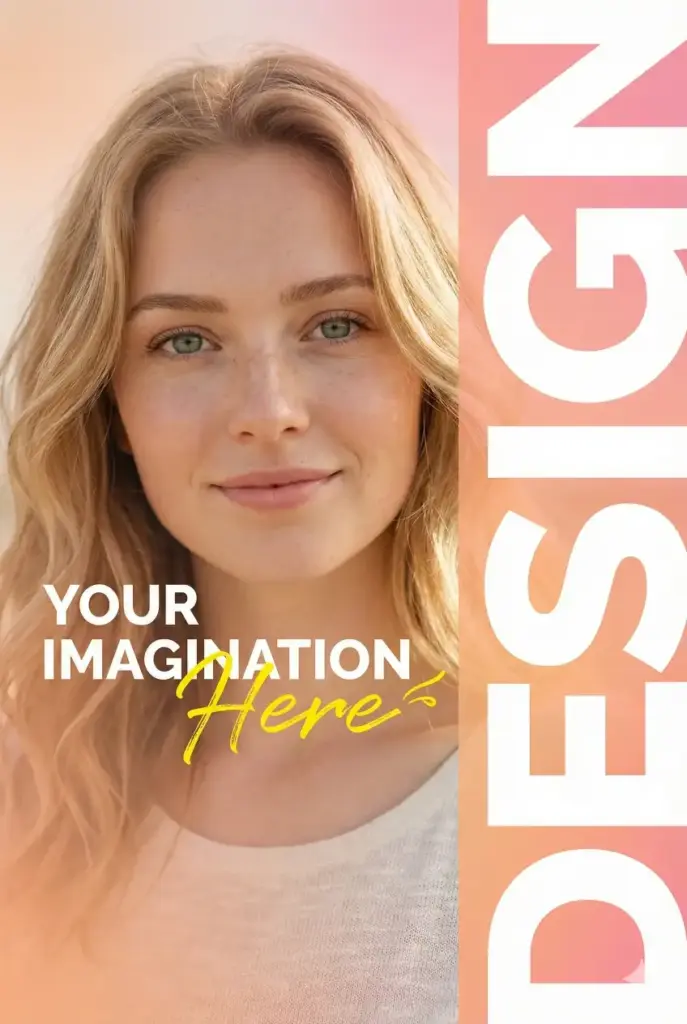 Create a modern vertical social media poster featuring a close-up portrait of a young woman with soft freckles, fair skin, and long light-blonde hair. She has a gentle, natural smile and clear blue-green eyes, photographed in soft natural lighting. The background is a warm peach-to-pink gradient that feels airy and optimistic. The composition is split visually: the portrait occupies the left side, while the right side is overlaid with bold, oversized vertical typography spelling "DESIGN" in tall white sans-serif letters, partially cropped for a contemporary graphic look. On the left side, smaller decorative text reads "YOUR IMAGINATION" in clean uppercase typography, with the word "Here" written in a flowing yellow handwritten script beneath it.