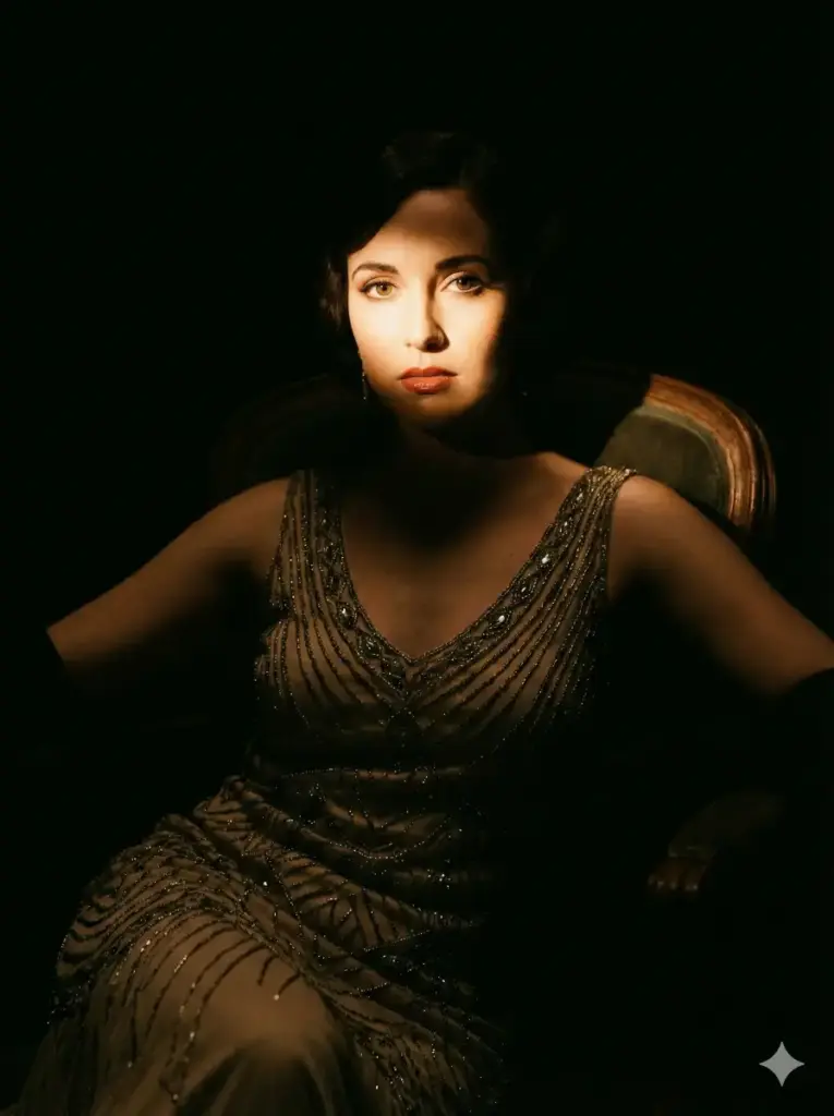 Create a stunning cinematic portrait of an elegant woman in a 1920s style evening gown with intricate beadwork. She is seated on a velvet chair in a pitch-black room. A single, focused beam of warm light (snoot lighting) illuminates only her eyes, nose, and lips, fading rapidly into complete darkness around her neck and hair. The contrast between the illuminated skin and the void-like background is extreme. Reminiscent of classic film noir. Use aspect ratio 3:4.