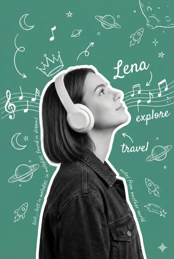 Create a whimsical, music-inspired personal poster with a dreamy, imaginative aesthetic. The main subject is a young woman shown in side profile, wearing large white over-ear headphones and an oversized dark denim jacket. Her expression is calm and thoughtful, eyes gazing slightly upward, as if lost in music and imagination. The subject is cut out cleanly in grayscale, while the background is a solid teal-green canvas that feels fresh, creative, and modern. Surrounding her head and body are playful hand-drawn white doodles and line illustrations: musical notes floating on staff lines, a simple crown above her head, stars, planets with rings, rockets, moons, and whimsical space elements. These drawings feel sketch-like, childlike, and expressive, as if drawn with a white marker. Curved arrows and handwritten words such as "Lena," "explore," and "travel" appear organically around the subject, reinforcing themes of creativity, curiosity, and imagination. Some small poetic text fragments float subtly in the background, adding an introspective, lyrical mood.