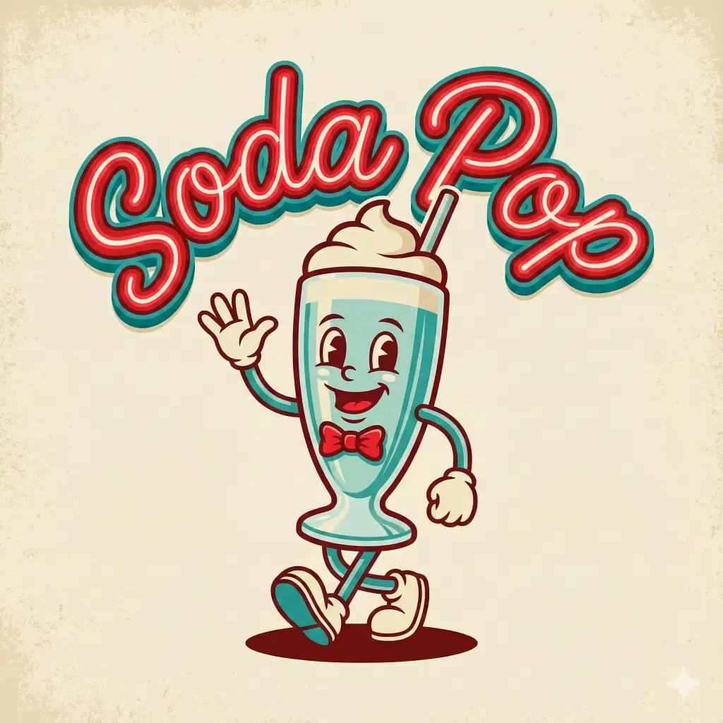 Create a nostalgic, retro mascot logo for a diner. The mascot is a smiling, classic milkshake glass with arms and legs, wearing a red bow tie. The text "SODA POP" should be arched over the top of the character in a bold, 1950s script font that looks like neon signage. The text color is bright red with a white outline and a teal drop shadow. The style is vintage vector art. Aspect ratio 1:1.