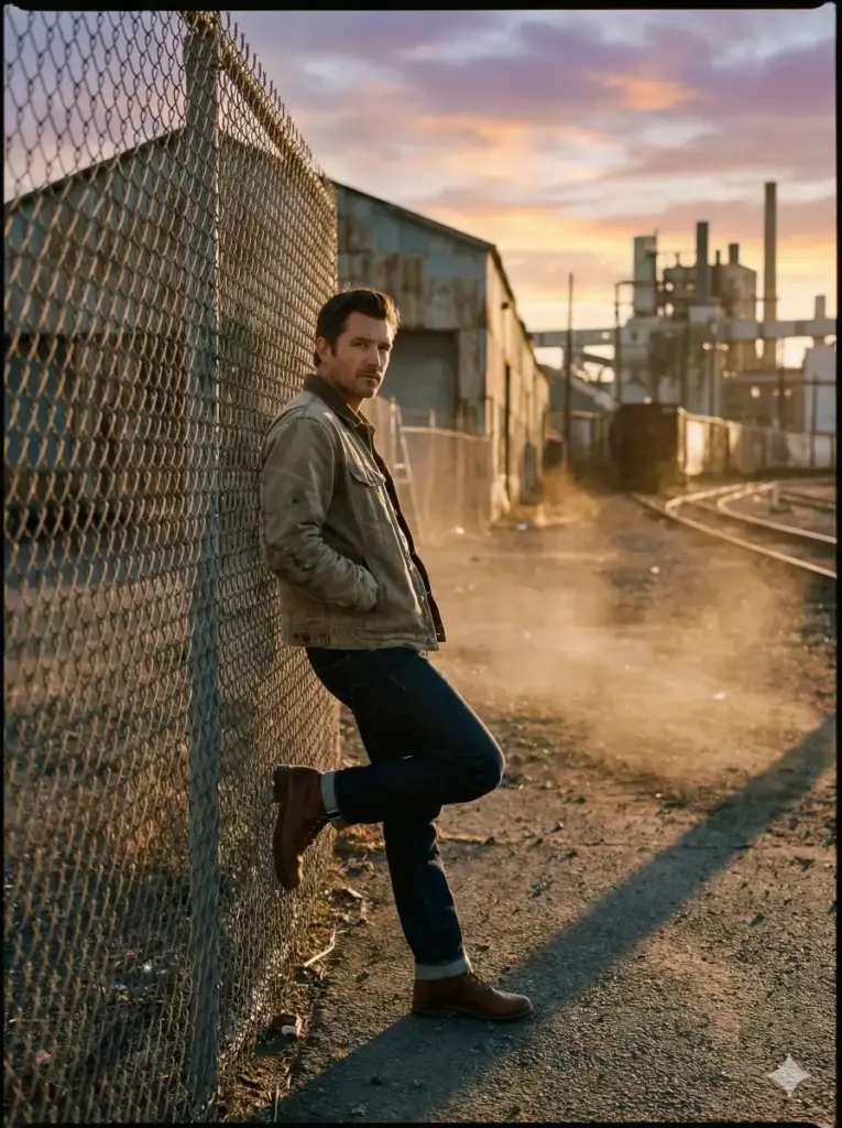 Create a cinematic outdoor photo of a man leaning against a metal fence in an industrial area at sunset. He is wearing a casual jacket, dark jeans, and boots, with one shoulder resting against the fence and a confident posture. The background features warehouses, warm sunset light, and long shadows that add a cinematic edge. Use aspect ratio 3:4.