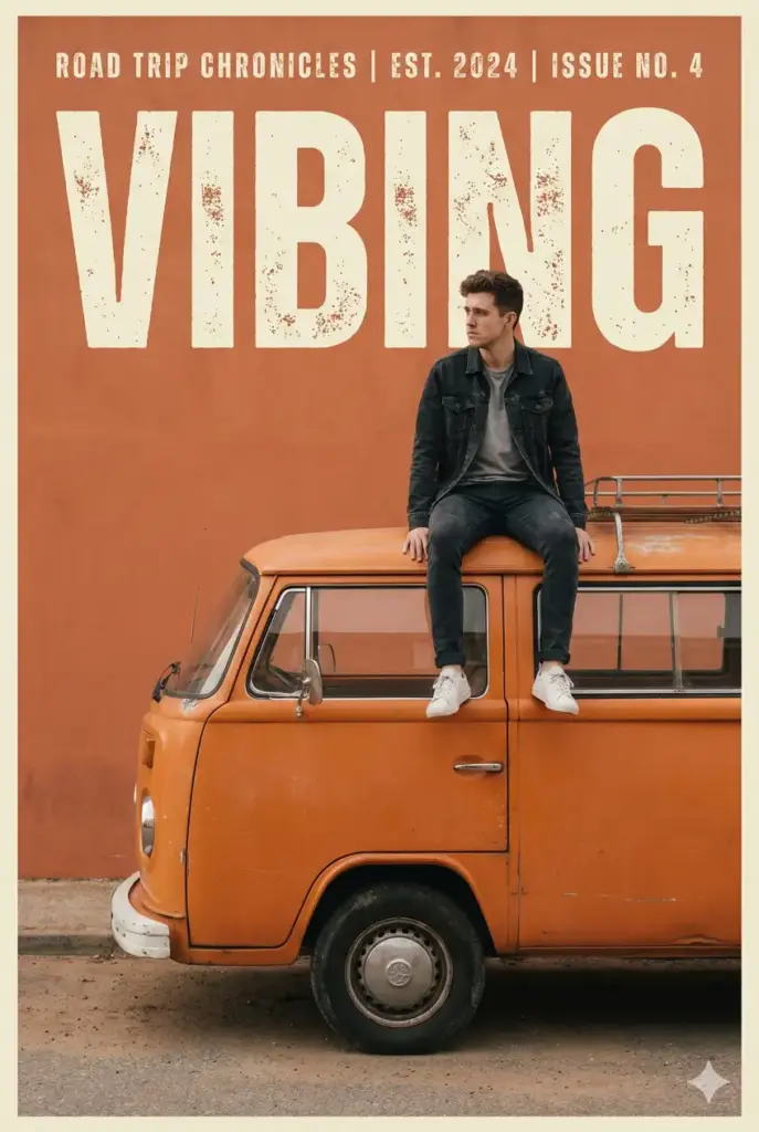 Create a cinematic travel-inspired poster with a bold editorial layout. A young man sits casually on the roof of a vintage orange camper van, legs dangling over the edge, conveying a relaxed, contemplative road-trip mood. He wears a dark jacket layered over a light shirt, slim dark pants, white socks, and clean white sneakers. His posture feels effortless and introspective, looking slightly off to the side rather than at the camera. The van is weathered and slightly worn, with visible paint scuffs and age marks, emphasizing authenticity and adventure. The scene is grounded on an open road surface, but the background is replaced by a flat, textured warm-orange backdrop, creating a strong graphic contrast between realism and poster design. Behind the subject, oversized bold condensed typography spells "VIBING" across the top half of the composition in tall, off-white letters. The text is partially obscured by the subject and vehicle, creating depth and a modern editorial hierarchy. Small minimalist text elements appear subtly along the top edge, mimicking magazine or poster credits.