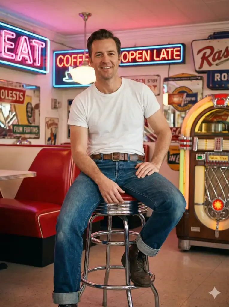 Create a vintage portrait of a man wearing a white T-shirt, rolled up jeans and a leather belt. He should sit casually on a diner stool with one foot resting on the stool bar. Use bright indoor neon lighting mixed with warm highlights reflecting on chrome surfaces. Add a slightly faded color tone reminiscent of old diner photos. Show a classic red booth, a jukebox and retro signage in the background. Use aspect ratio 3:4.