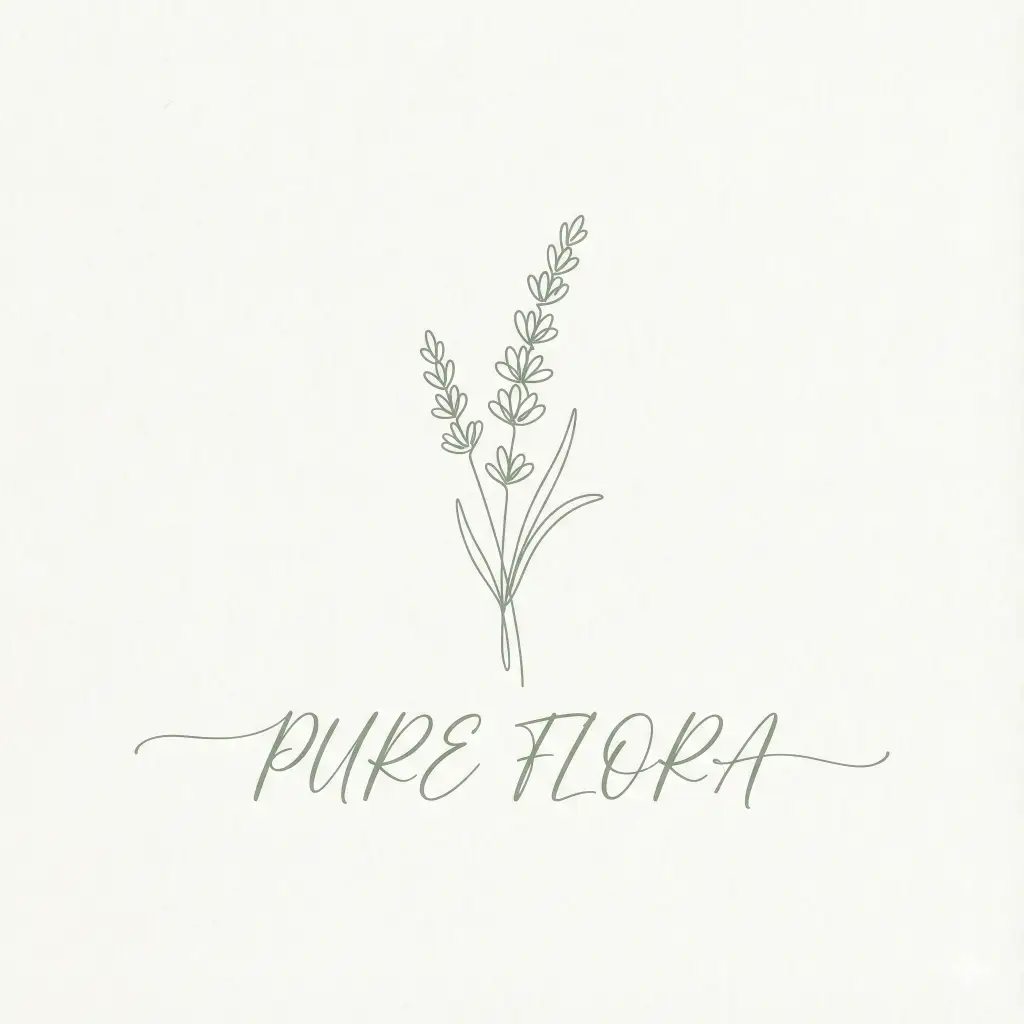 Create a botanical line-art logo for a skincare brand. The image is a delicate, continuous line drawing of a lavender sprig. The text "PURE FLORA" should be centered beneath the drawing. The typography must be a flowing, handwritten calligraphy script in a muted sage green color to convey natural ingredients. The overall look is clean, airy, and feminine on a cream background. Aspect ratio 1:1.