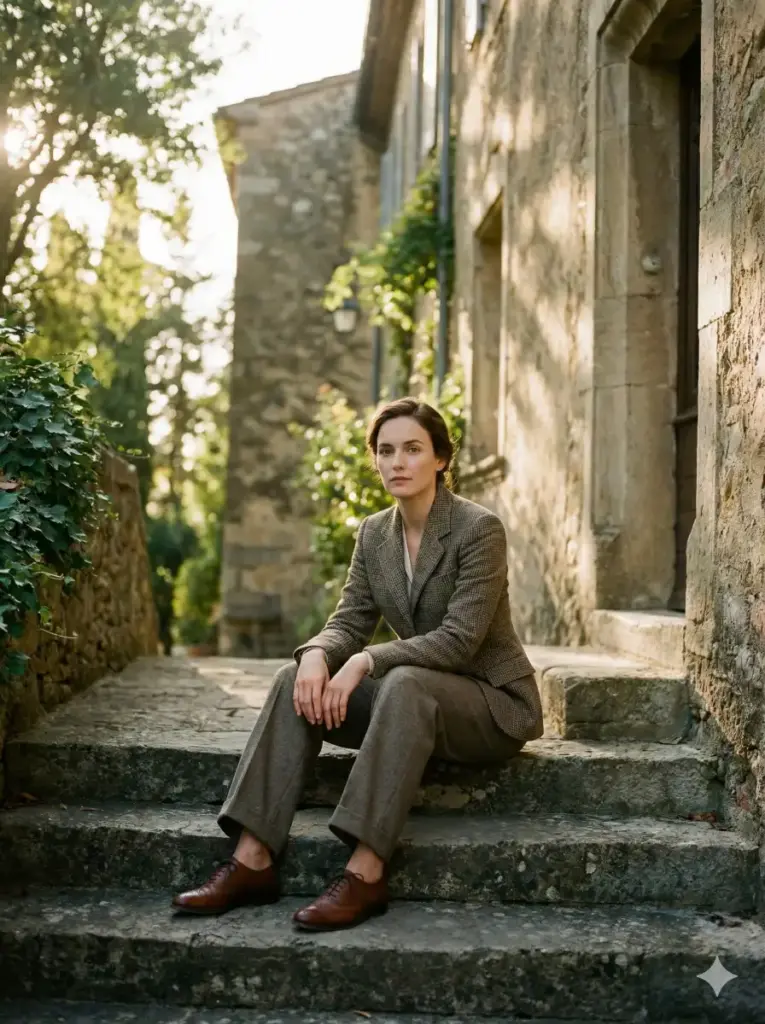 Create a cinematic outdoor photo of a woman sitting on stone steps near an old historic building. She is wearing a tailored blazer, high-waisted trousers, and classic shoes, with an upright posture and hands gently resting on her knees. The background shows textured stone walls, soft afternoon light, and subtle shadows that add depth and elegance to the scene. Use aspect ratio 3:4.