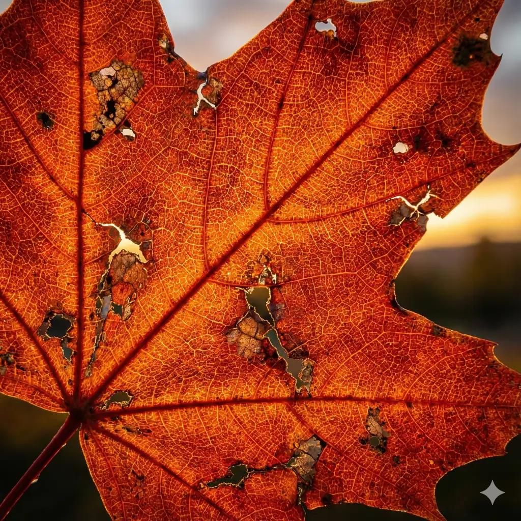Create a dramatic macro image of the veins in an autumn maple leaf, back-lit by the sun to reveal the glowing orange and red cellular structure, showcasing the rough texture and imperfections, 8k resolution, use aspect ratio 1:1.