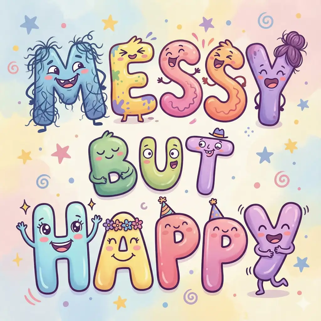Create character-driven illustrative lettering spelling the text "MESSY BUT HAPPY" where each letter has its own personality with eyes, expressions, or subtle facial details integrated into the lettering. Use soft pastel colors with bold accents and smooth shading. Use aspect ratio 1:1.
