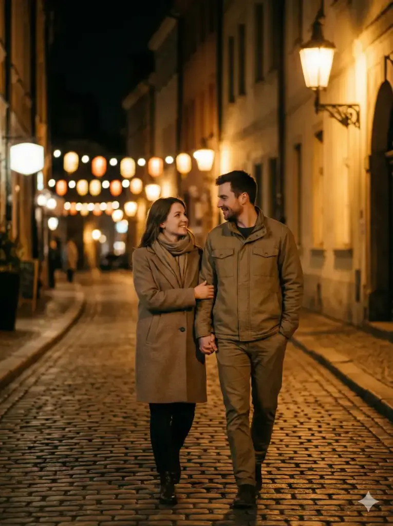 Create a romantic nighttime portrait of a couple walking slowly along a quiet street lined with warm lantern-style lights. They are dressed in neutral tones, holding hands naturally and smiling softly at each other. The background fades into soft bokeh while the lights create a glowing path behind them. Capture natural movement, authentic expressions, and gentle light wrapping around their faces. The overall mood should feel warm, emotional, and realistic with subtle film-style color grading. Use aspect ratio 3:4.