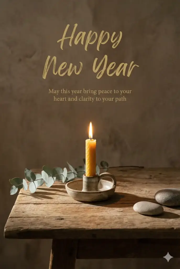 Create a spiritual New Year greeting card with a calm candle-lit scene, soft golden glow, and peaceful shadows. Use a minimal, serene composition. Place gentle typography that reads "Happy New Year" and add a blessing-style message saying "May this year bring peace to your heart and clarity to your path." Use aspect ratio 2:3.