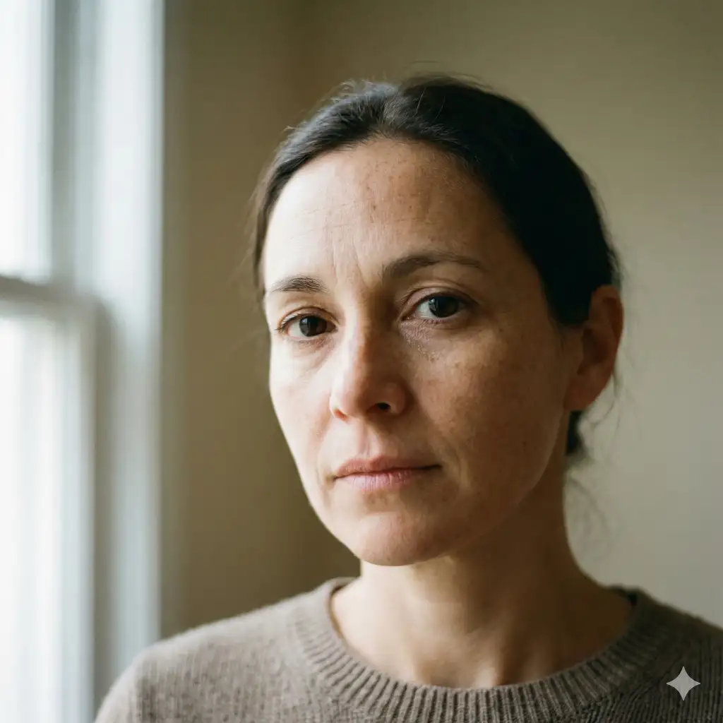 Create a close up shot of a woman's face with natural skin texture, soft window light, expressive eyes in sharp focus, shallow depth of field, calm neutral background, realistic portrait style. Use aspect ratio 1:1.