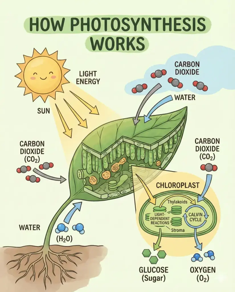 Create an educational infographic explaining how photosynthesis works, using diagrams, arrows, labels, and simple illustrations. The design should feel suitable for students and learning materials. Use aspect ratio 4:5.