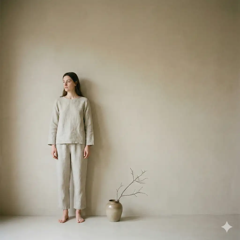 Create an off center shot of a person standing slightly to the left of the frame, negative space on one side, minimalist background, balanced composition, calm visual tone. Use aspect ratio 1:1.