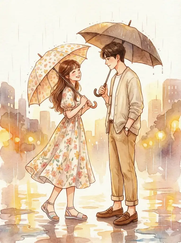 Create a cute watercolor illustration of a couple holding umbrellas while standing close under light rain. The girl tilts her umbrella toward the boy and gives him a warm smile. She wears a flowy floral dress and soft pastel sandals. The boy wears a light cardigan, rolled chinos and brown loafers. Let watercolor textures run gently in the background with soft city silhouettes and reflective puddles. Add warm tones that feel cozy despite the rain. Use aspect ratio 3:4.