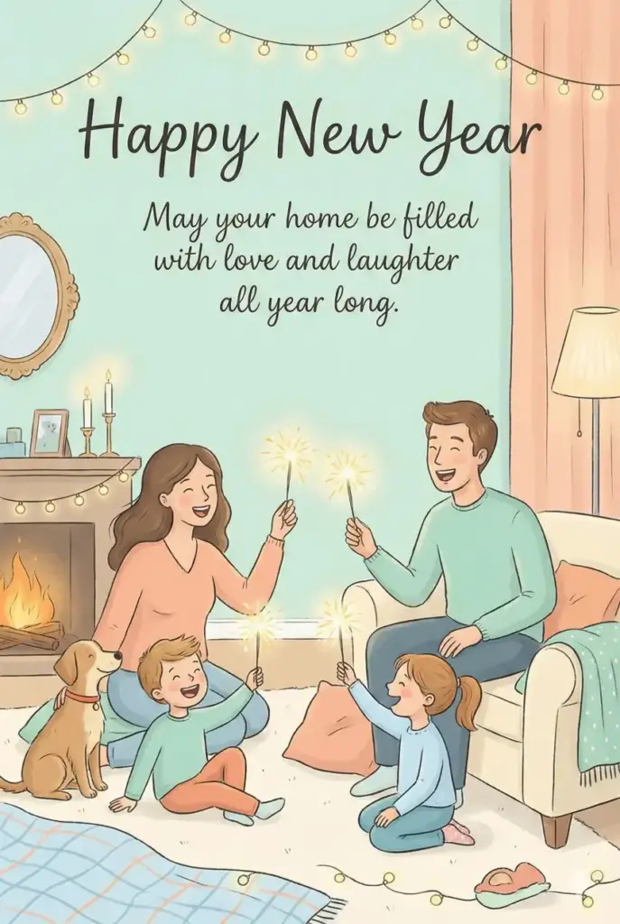 Create a joyful illustrated New Year card showing a family celebrating together with sparklers, warm lights, and smiling faces in a cozy indoor setting. Use soft pastel colors and gentle lighting. Add playful handwritten text that reads "Happy New Year" and a heartfelt message saying "May your home be filled with love and laughter all year long." Use aspect ratio 2:3.