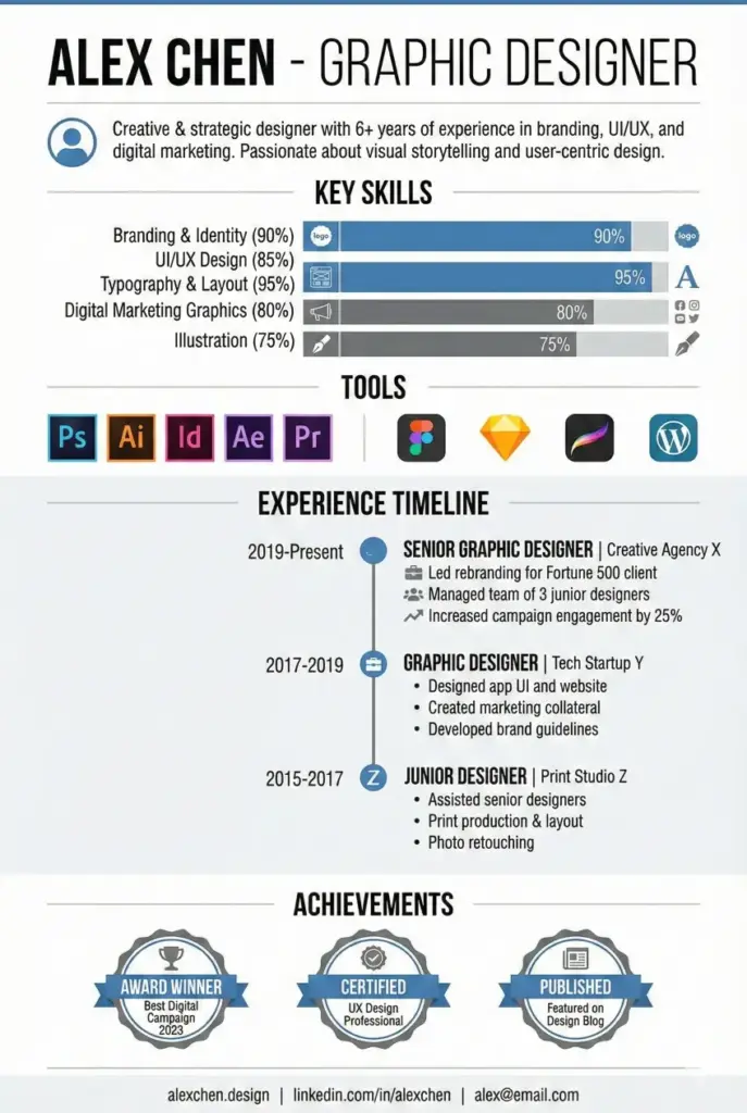 Create a resume-style infographic for a graphic designer, showcasing skills, experience timeline, tools, and achievements using icons, charts, and a clean modern layout. Use aspect ratio 2:3.