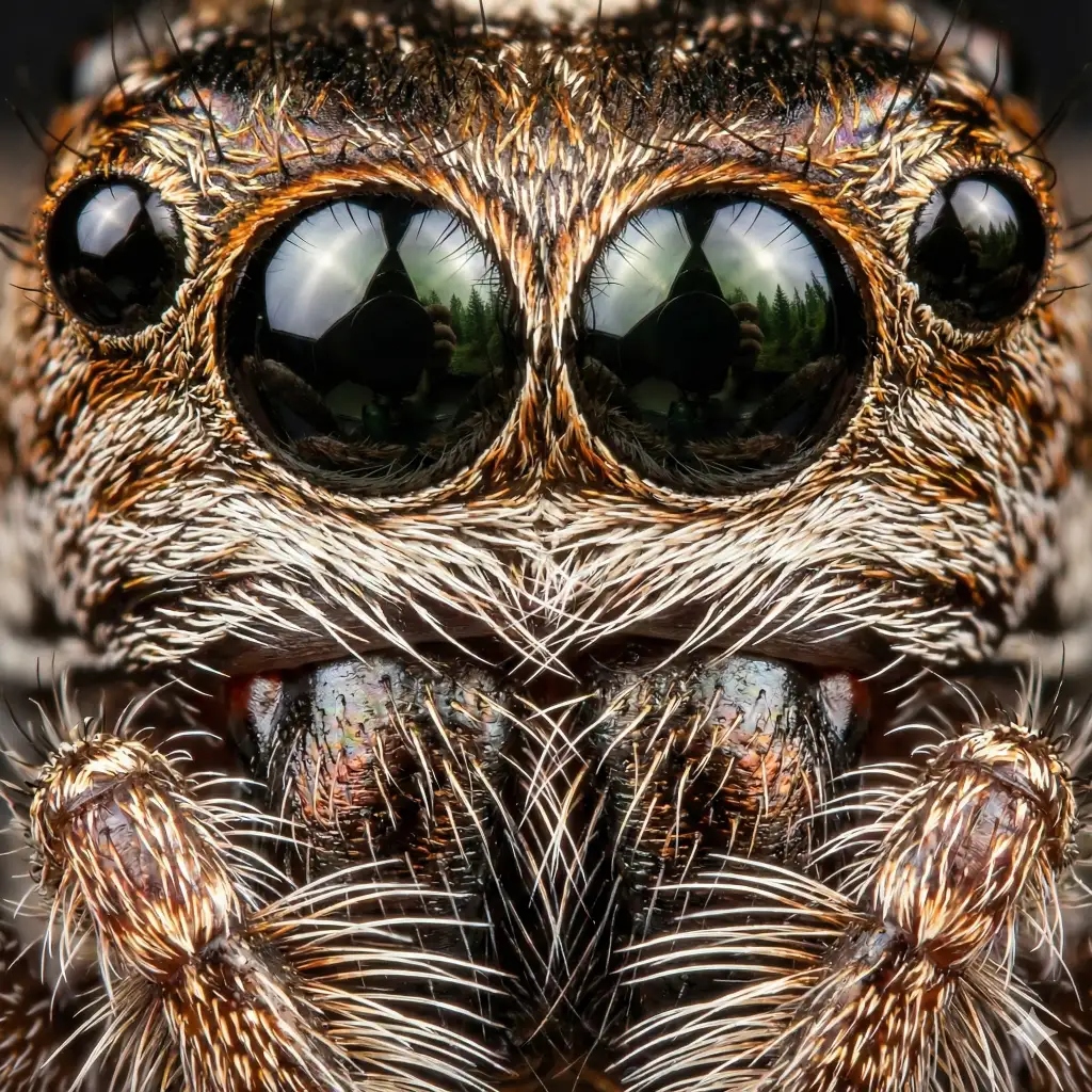 Create an intense macro close-up of a jumping spider's eyes, capturing the reflection of the surroundings in its shiny black lenses, with detailed fuzzy hairs on its face, studio lighting, sharp focus on the eyes, use aspect ratio 1:1.
