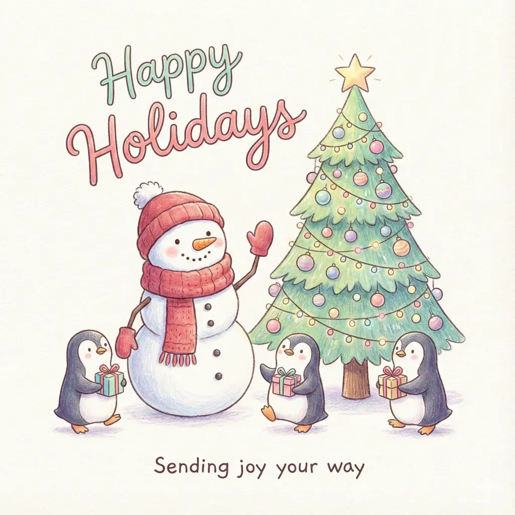 Create a cute illustrated card featuring a cheerful snowman with a red scarf, penguins holding tiny gifts, and a bright Christmas tree. Use playful pastel colors and soft shading. Add festive hand-drawn text above the characters that reads Happy Holidays. Add a smaller friendly message that reads Sending joy your way. Use aspect ratio 1:1.