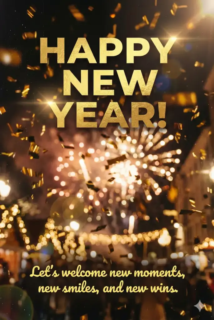 Create a joyful New Year greeting card showing golden confetti raining down over a softly blurred background with warm lights. Use motion blur and light flares for a celebratory feel. Include bold modern typography reading "Happy New Year!" with a cheerful line below saying "Let's welcome new moments, new smiles, and new wins." Use aspect ratio 2:3.