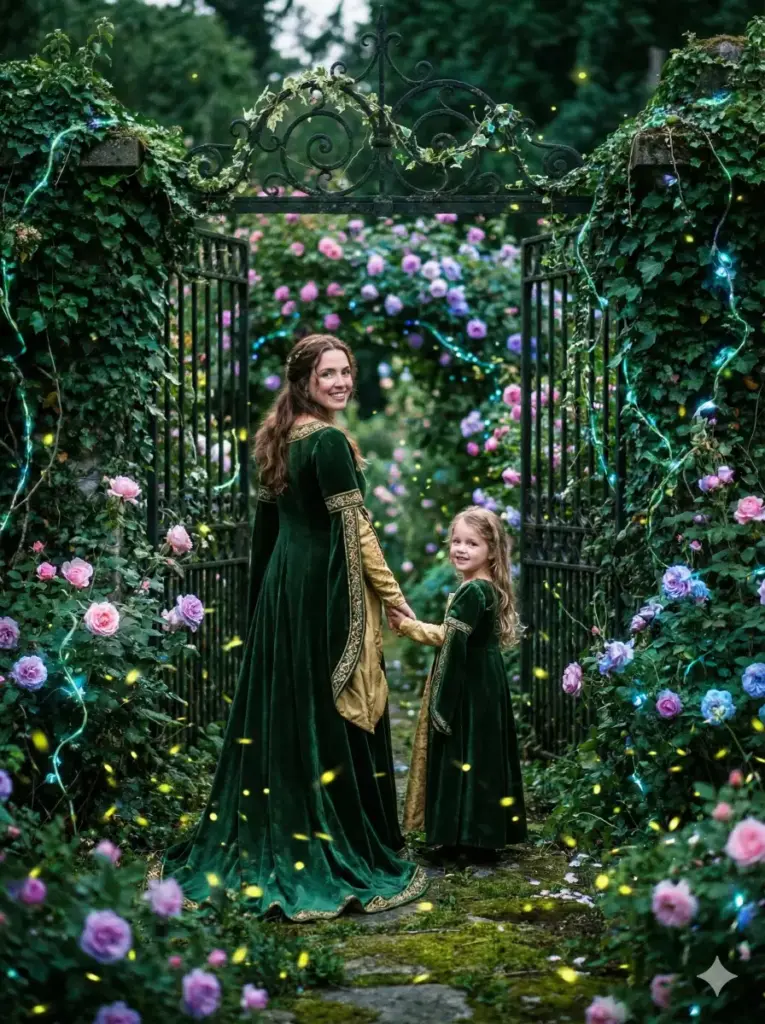 Create a fantasy photo of a mother and daughter walking hand-in-hand through a wrought-iron gate into a secret garden. Both faces camera. The garden is overgrown with glowing roses and vines. The mother wears a long medieval dress, and the daughter wears a matching smaller version. Fireflies dance around them, lighting the path. The perspective is from behind them, inviting the viewer into the magic. The aesthetic is romantic and lush. Use 3:4 aspect ratio.