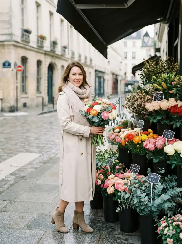 Create a beautiful urban photo of a woman standing beside a street flower stand while wearing a light trench coat, ankle boots, and a soft scarf. Show her holding a bouquet with a gentle smile. Use soft diffused lighting that highlights the colors of the flowers. Keep the color tone warm and elegant. Add vibrant florals, handwritten price tags, and a quiet street corner behind her. Use aspect ratio 3:4.