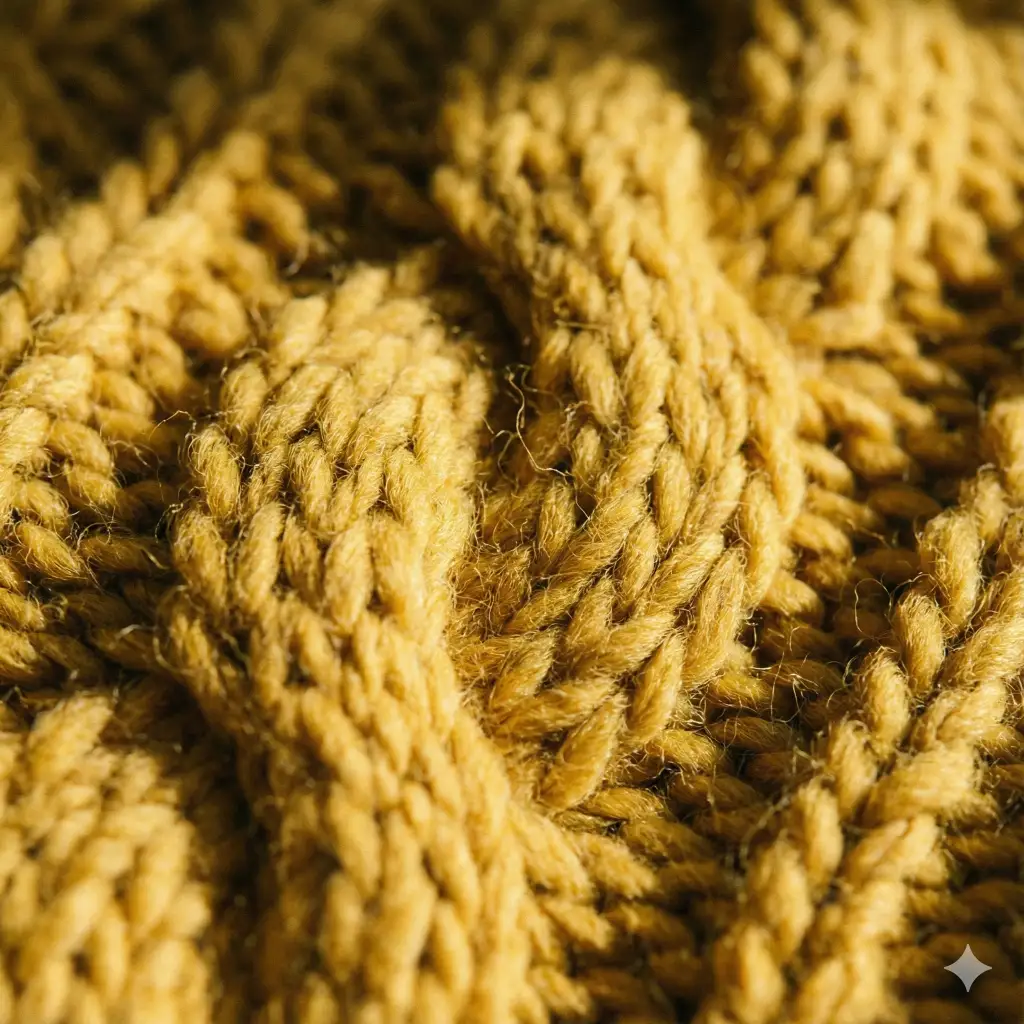 Create a tactile close up of a chunky knit wool sweater in a mustard yellow color. Focus on the individual fibers and the weaving pattern. The lighting should be side-lit to create micro-shadows that emphasize the depth and softness of the yarn. Aspect Ratio 1:1.