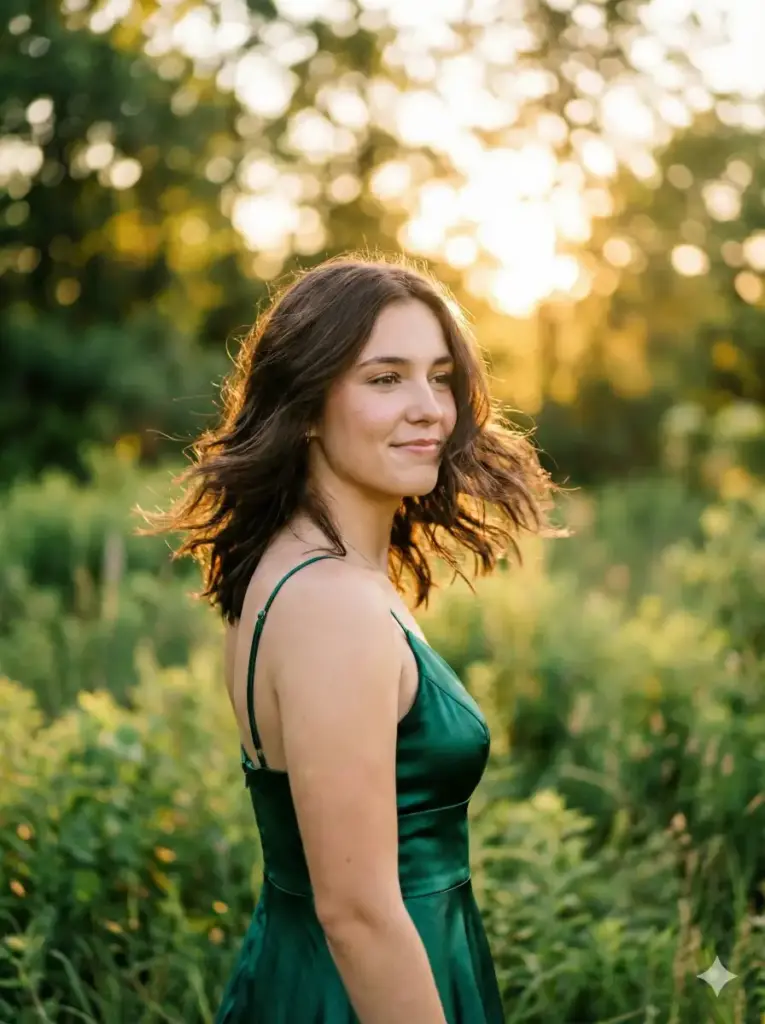 Create a cinematic golden-hour portrait of a young woman standing outdoors in a softly blurred natural setting. She wears an elegant emerald-green satin dress with thin straps and a gentle draped neckline. Warm sunset light backlights her figure, creating a glowing rim light around her hair and shoulders. Her medium-length dark brown hair is loose and slightly windswept, with strands falling naturally across her face, adding a candid, intimate feeling. She is turned slightly to the side, looking off-camera with a calm, reflective expression. Skin tones are natural and softly illuminated, with subtle highlights on her cheekbones and collarbone. The background is lush greenery rendered in creamy bokeh, emphasizing shallow depth of field. Shot with a professional portrait lens, wide aperture (f/1.8 look), soft focus falloff, natural color grading, cinematic warmth, high detail, realistic photography style. Use aspect ratio 3:4.