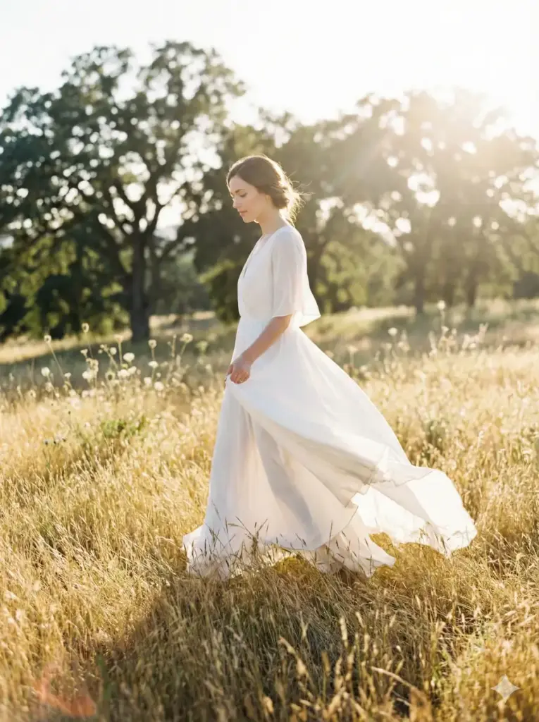 Create a cinematic outdoor photo of a woman walking slowly through a field of tall grass during golden hour. She is wearing a flowing white dress that moves with the breeze, holding the fabric lightly with one hand while maintaining a calm and graceful posture. The background features glowing sunlight, soft lens flare, and blurred wildflowers, giving the scene a dreamy cinematic feel. Use aspect ratio 3:4.