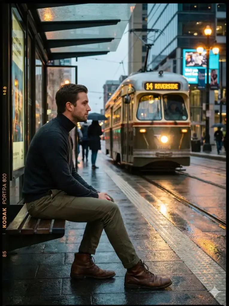 Create a stunning cinematic photo of a man sitting at a tram stop bench while wearing a dark turtleneck, clean chinos, and leather boots. Show him looking sideways as a tram approaches. Use ambient evening light with mixed warm and cool tones. Keep the color tone modern with subtle grain. Add illuminated tram signage and passing commuters in the background. Use aspect ratio 3:4.