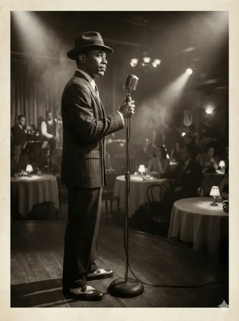 Create a stylish vintage photo of a man wearing a pinstripe suit, two tone shoes and a fedora. He should stand near a microphone with one hand resting on it while gazing toward the audience. Use dim warm ambient lighting with focused spotlights that highlight the contours of his face. Add a classic sepia toned palette. Show a smoky jazz club with round tables and musicians in the background. Use aspect ratio 3:4.