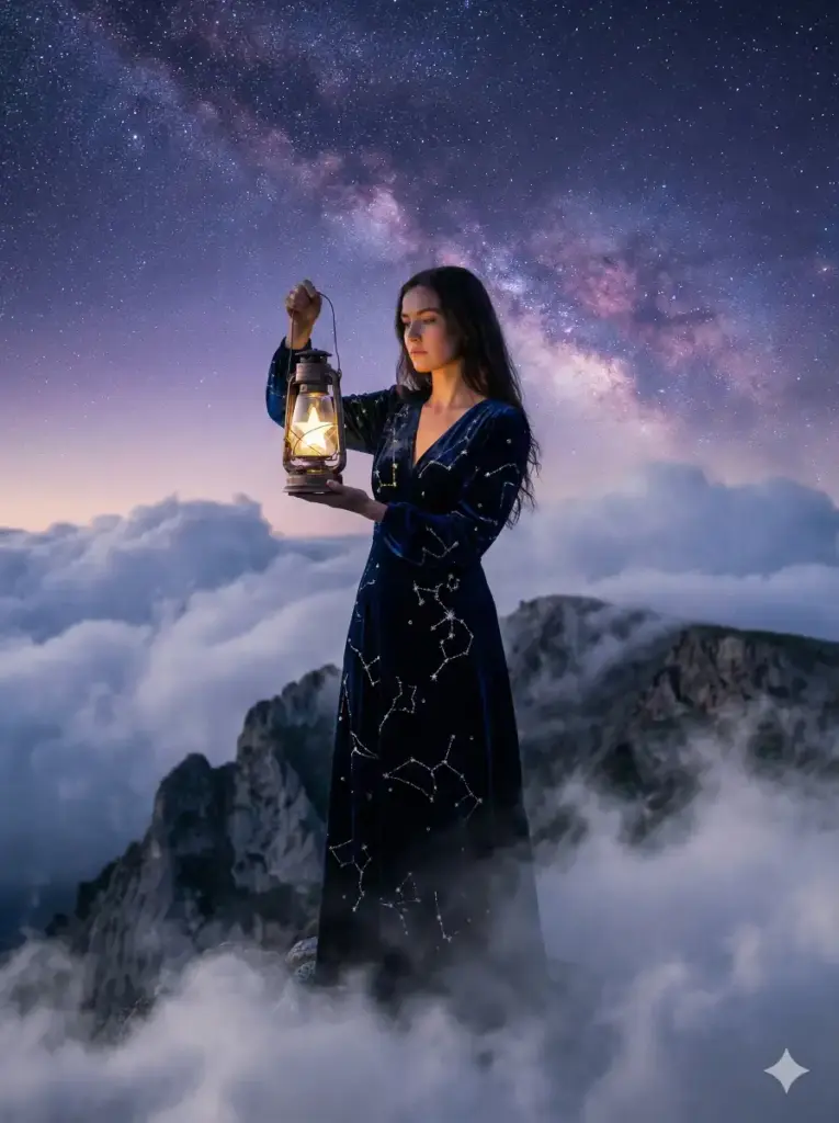 Create a cinematic photo of a beautiful woman standing on a cloud-covered mountain peak at twilight. She is holding a vintage glass lantern that contains a captured, glowing star. She wears a midnight-blue velvet dress embroidered with silver constellations that shimmer. The background features a deep purple and blue sky filled with the Milky Way. The lighting is soft and mystical, focusing on the glow of the lantern against her face. Use 3:4 aspect ratio.
