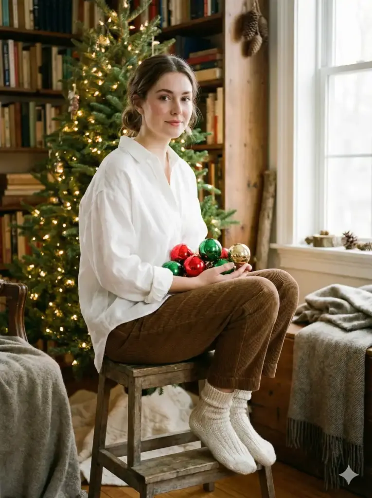 Create a calm, cozy Christmas lifestyle portrait of a young woman seated on a small wooden stool beside a softly glowing Christmas tree. She faces the camera with a gentle, relaxed expression and natural confidence. She wears an oversized white blouse with loose sleeves, warm brown trousers, and thick cream-colored knit socks, creating a minimalist, hygge-inspired holiday look. Her hair is styled in a simple low updo with soft face-framing strands, and her makeup is clean and natural. She holds several glossy Christmas ornaments in her hands. Use aspect ratio 3:4.