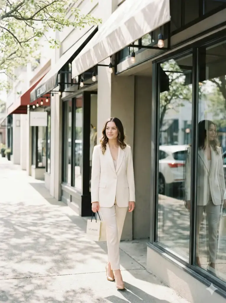 Create a beautiful cinematic portrait of a woman walking through a boutique shopping district while wearing a stylish blazer, slim pants, and soft heels. Show her holding a small shopping bag with a calm expression. Use soft natural lighting filtered through tree branches. Keep the color tone bright and elegant. Add storefronts, hanging lights, and gentle reflections in the windows. Use aspect ratio 3:4.