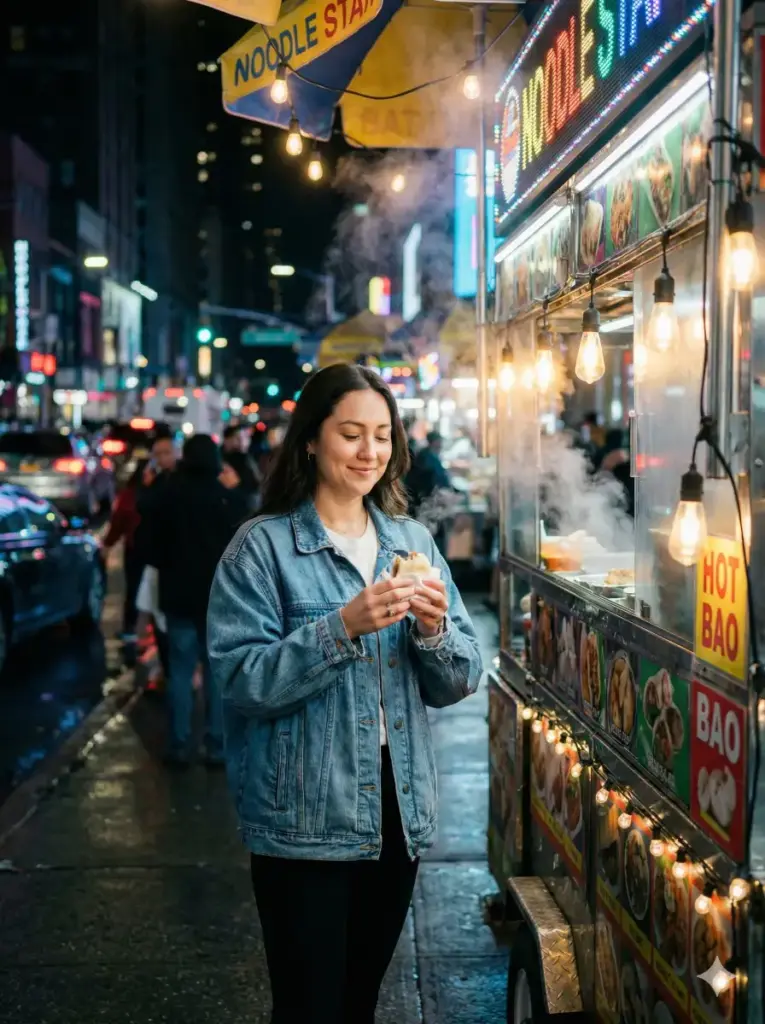 Create a cinematic photo of a woman standing beside a street food cart while wearing an oversized denim jacket, a simple tee, and black leggings. Show her holding a snack and smiling slightly. Use warm artificial lighting from the vendor's bulbs mixed with cool city light. Keep the color tone lively with soft contrast. Add steam rising from the cart, colorful signs, and passing crowds behind her. Use aspect ratio 3:4.