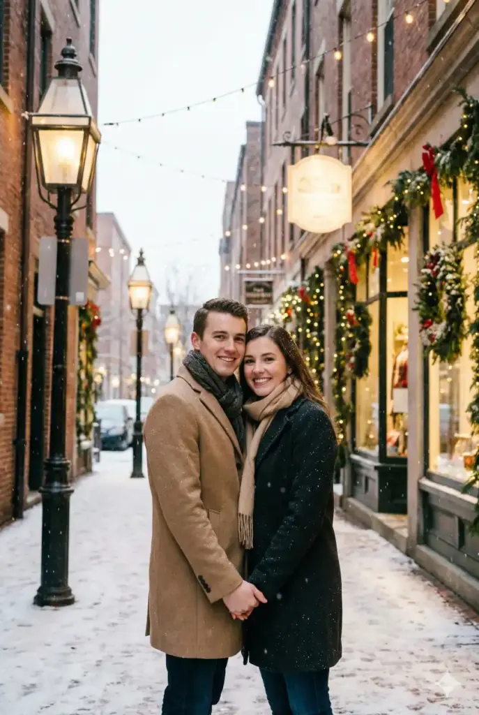 Create a serene Christmas evening photo of a young couple standing in a quiet street lined with festive lights, holding hands and smiling at each other, wearing winter coats and scarves, gentle snowfall around them, vintage lanterns giving warm light, decorated storefronts with garlands and wreaths in the background, soft bokeh highlights, realistic skin tones, clean composition, 2:3 aspect ratio.