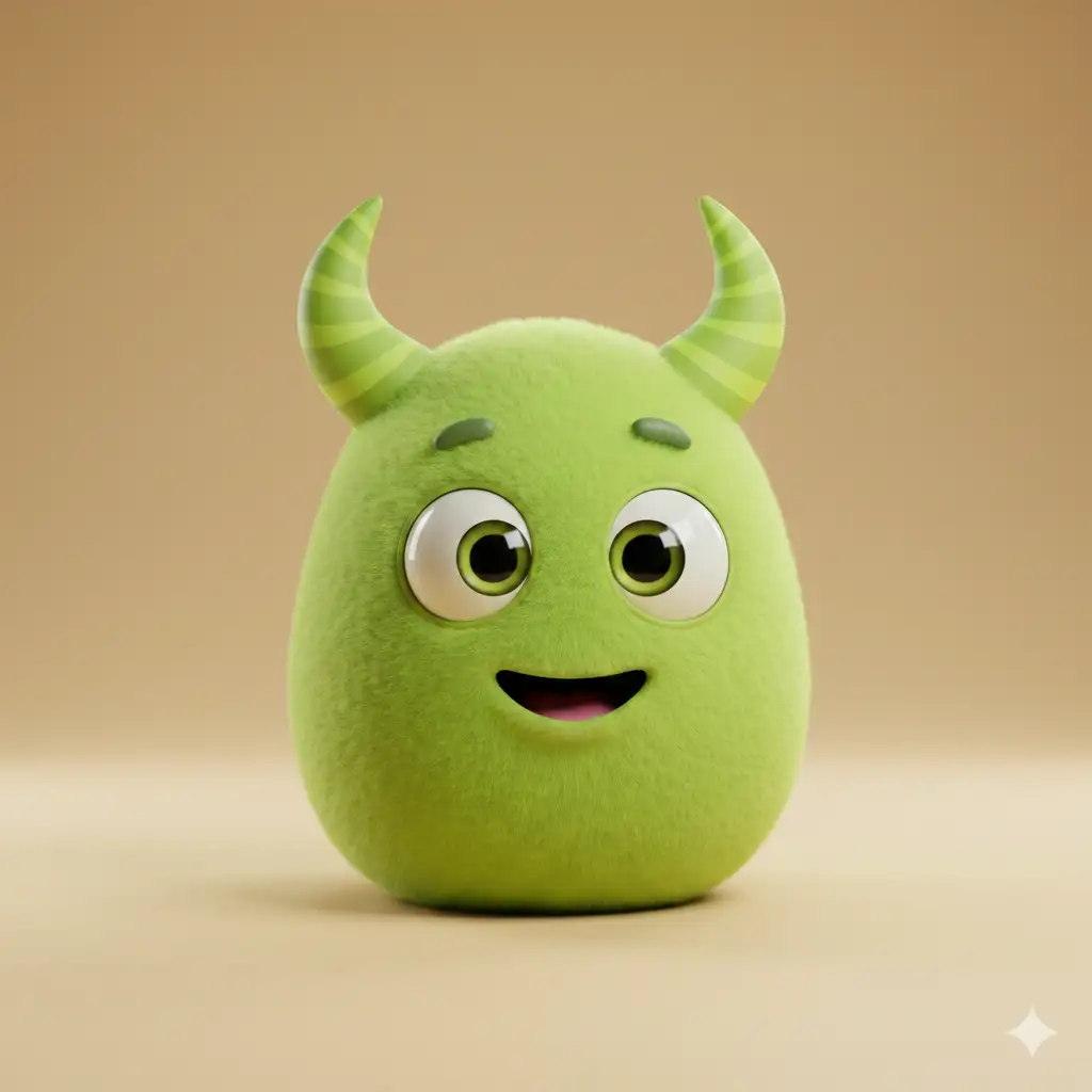 Create an ultra cute lime monster with spiral shaped horns and a soft, rounded egg shaped body. Place the character on a smooth warm beige background. The monster has expressive eyes and a surprised happy expression, with glossy highlights that add charm. The style is 3D cartoon with gentle subsurface glow, soft shadows, and high quality lighting inspired by Blender animations. The surface texture is smooth and plush-like, with vibrant solid colors. The overall design is simple, adorable, and full of personality. Use aspect ratio 1:1.
