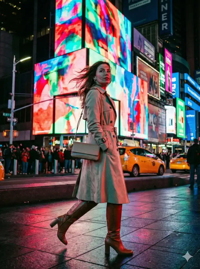 Create a cinematic image of a woman walking past a large LED billboard while wearing a stylish trench coat, tall boots, and a slim shoulder bag. Show her captured mid-step with her hair moving slightly. Use vivid billboard light that casts colorful reflections on her coat. Keep the color tone bold with a slight film texture. Add crowds, taxis, and illuminated advertisements in the background. Use aspect ratio 3:4.