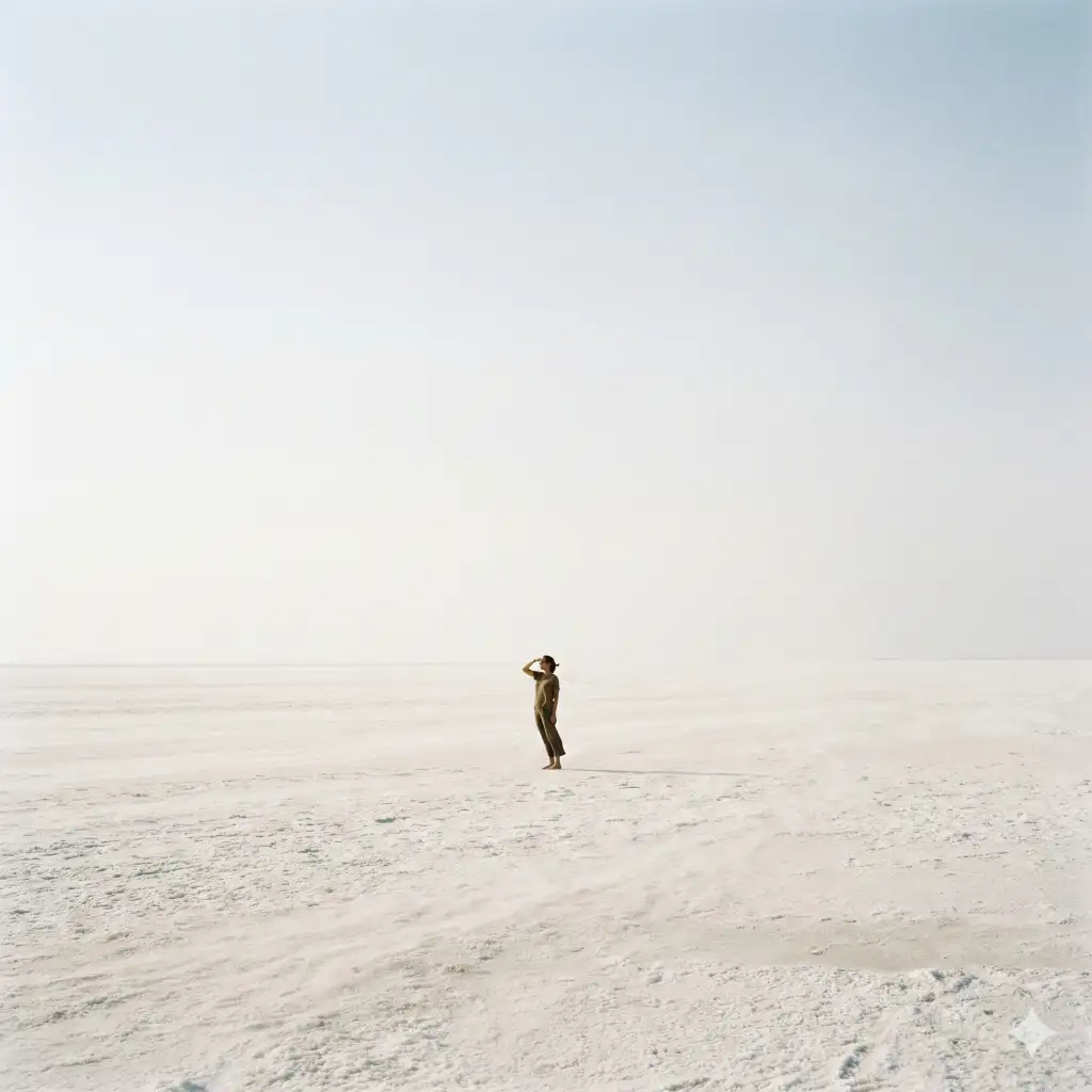 Create a vast, minimalist landscape dominated by an expansive white desert, resembling salt flats or wind-swept sand, stretching endlessly toward the horizon. A single, small human figure stands near the center-bottom of the frame, emphasizing scale and solitude. The person is upright, slightly leaning back, with one hand raised to their head as if shielding their eyes or lost in thought, facing the open horizon. Use aspect ratio 1:1.