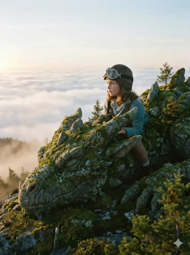 Create a cinematic photo of a brave little girl wearing a makeshift aviator helmet and goggles. She is sitting on the back of a large, sleeping dragon that looks like it is made of mossy rocks and ancient stone. The setting is a misty mountain top above the clouds. The girl is looking at the horizon with determination. The lighting is soft morning light, signifying a new adventure. Use 3:4 aspect ratio.