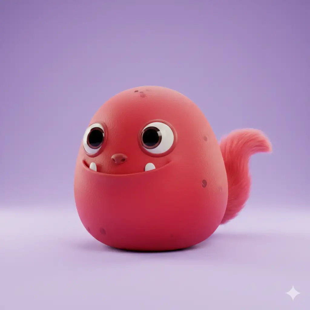 Create an ultra cute red monster with a fluffy tail and a soft, rounded pebble shaped body. Place the character on a smooth pastel violet background. The monster has expressive eyes and a mischievous grin, with glossy highlights that add charm. The style is 3D cartoon with gentle subsurface glow, soft shadows, and high quality lighting inspired by Blender animations. The surface texture is smooth and plush-like, with vibrant solid colors. The overall design is simple, adorable, and full of personality. Use aspect ratio 1:1.