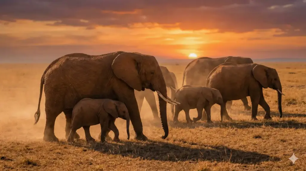 Create a high-detail wildlife photograph of an African elephant family walking across a golden savanna at sunset, massive textured skin showing wrinkles and dust, a young calf walking close to its mother, warm orange and amber sky in the background, long shadows on dry grass, soft atmospheric haze, realistic scale and proportions, natural documentary photography style, National Geographic quality realism. Use aspect ratio 16:9.