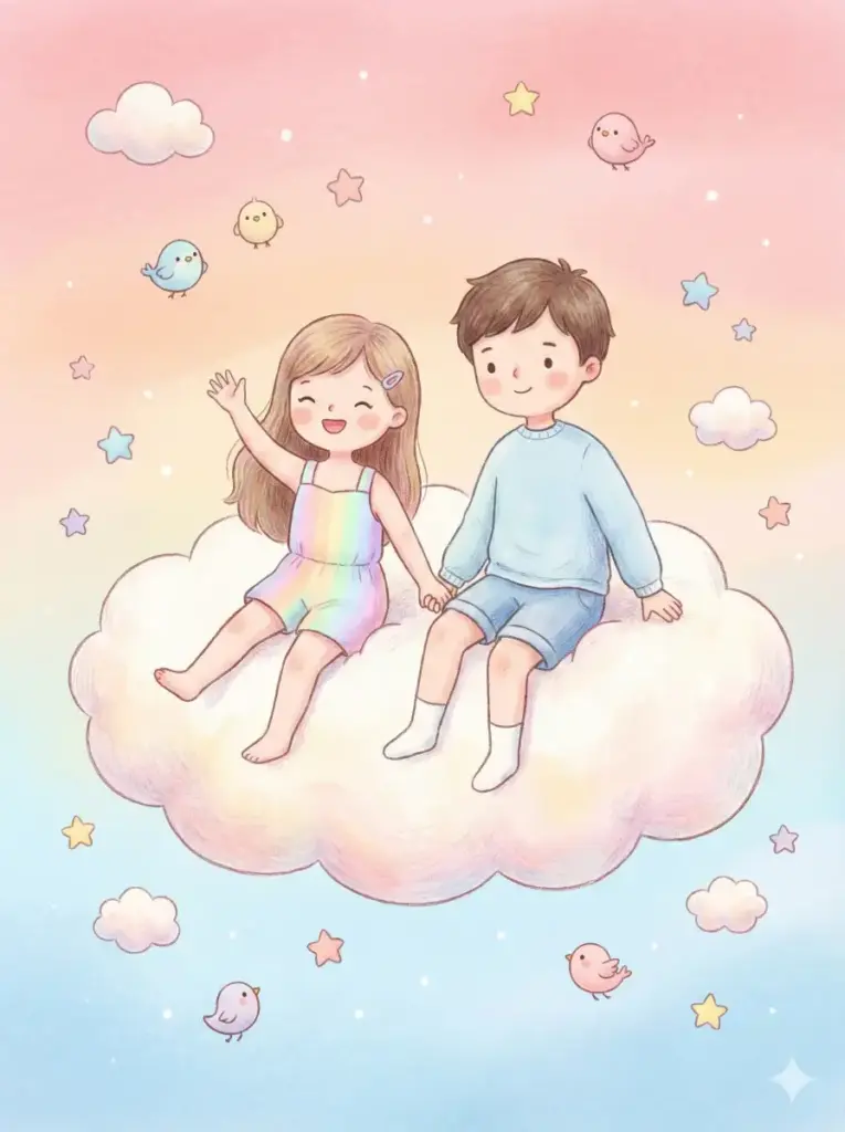 Create a cute children's book style illustration of a couple riding on a giant soft cloud drifting across a bright sky. The girl waves happily while wearing a pastel romper. The boy holds her hand while wearing a light sweater and shorts. Surround them with tiny birds, soft stars and gentle gradient skies. Use aspect ratio 3:4.