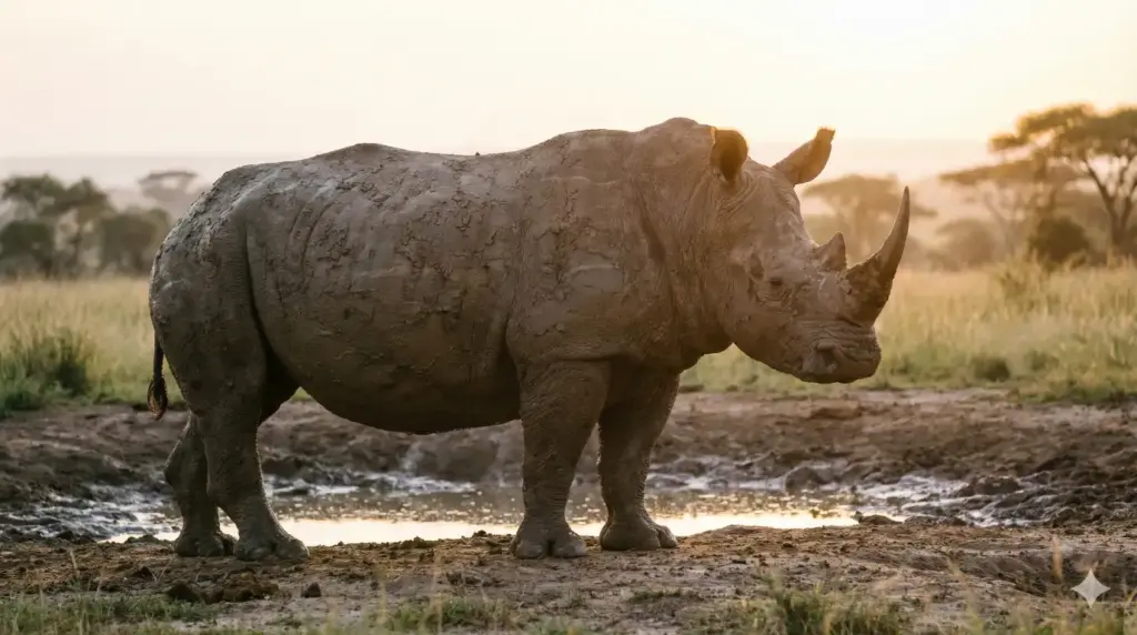 Create a hyper-realistic wildlife photograph of a rhinoceros standing near a muddy watering hole, thick cracked skin texture clearly visible, dried mud layered on its body, calm powerful stance, soft golden sunrise light, distant savanna grasses fading into haze, natural earth color tones, professional wildlife documentary photography style. Use aspect ratio 16:9.