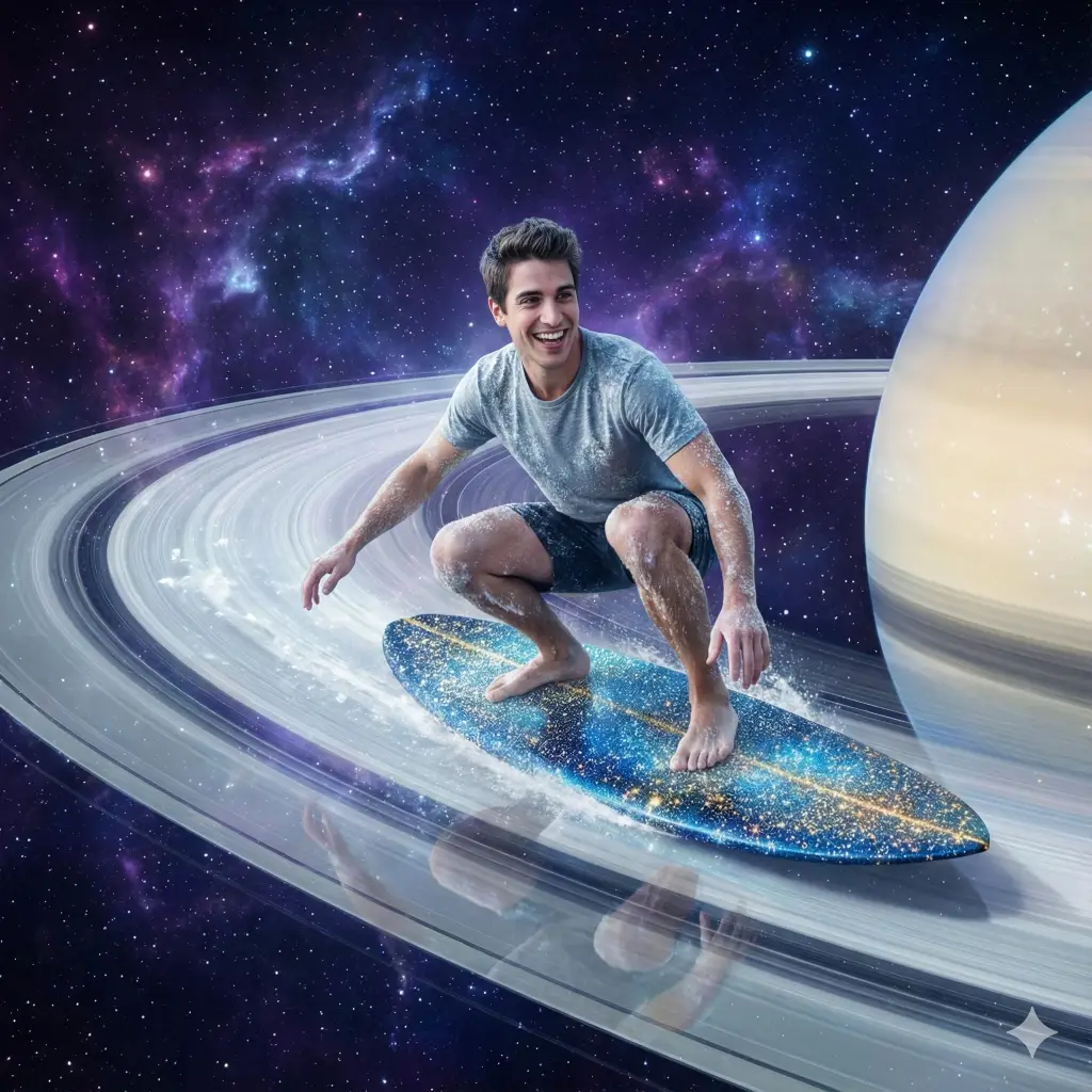 Create a breathtaking surreal photo of the person in the attached photo surfing on the icy, translucent rings of the planet Saturn. The person is balancing on a surfboard made of stardust and looks thrilled. The background is the deep void of space filled with vibrant purple and blue nebulae and distant twinkling stars. Dreamy, sci-fi aesthetic. Aspect ratio 1:1.