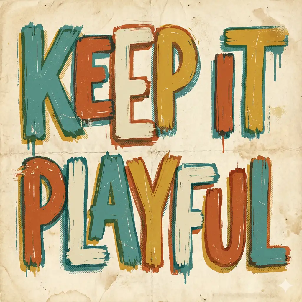 Create bold vintage poster lettering presenting the text "KEEP IT PLAYFUL" in chunky block letters with hand-painted imperfections. Use a retro palette of teal, burnt orange, cream, and mustard with textured shading and distressed print effects. Use aspect ratio 1:1.