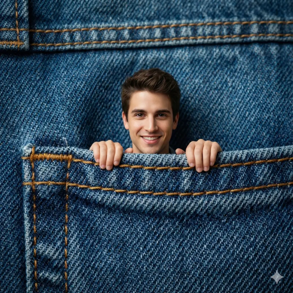 Create a cute miniature portrait of the person in the attached photo peeking out of the front pocket of a blue denim jacket. They are resting their arms on the stitching of the pocket. The texture of the denim is highly detailed and huge compared to the person. Studio lighting. Aspect ratio 1:1.