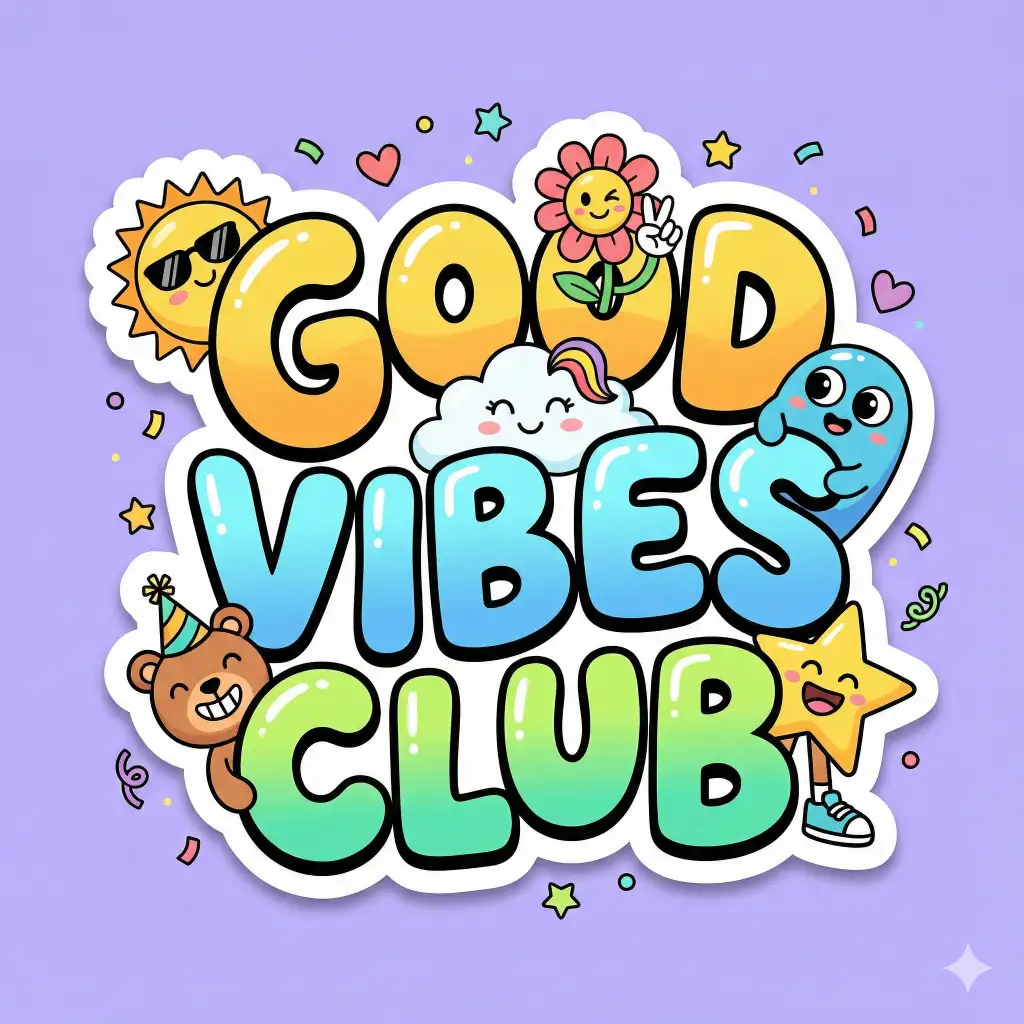 Create playful cartoon-style lettering showing the text "GOOD VIBES CLUB" with rounded bubbly letterforms, thick black outlines, and bold flat colors. Add cheerful cartoon characters peeking from inside and behind the letters, giving a fun sticker-style look. Use aspect ratio 1:1.