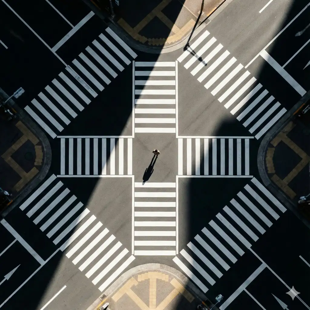Create a bird's eye view shot of a person standing at a street crossing, camera directly overhead, strong geometric patterns from roads and shadows, minimal color palette, clean composition. Use aspect ratio 1:1.