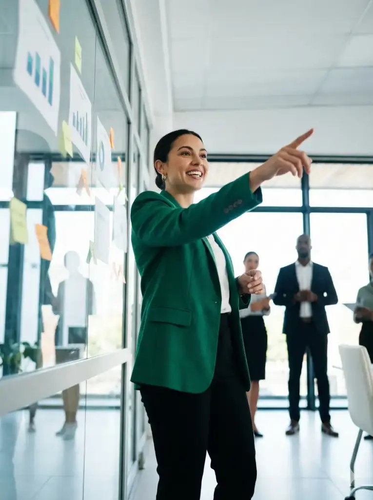 Create a dynamic corporate lifestyle photo of a professional woman leading a presentation. She is captured mid-gesture, pointing towards a blurred whiteboard or glass wall, looking enthusiastic and engaging. She wears a sharp, emerald green blazer and black trousers. The camera angle is slightly low, looking up at her to project authority. The background shows a modern, bright meeting room with blurred silhouettes of colleagues listening. The lighting is bright and airy, suggesting a high-energy morning meeting. Aspect ratio 3:4.
